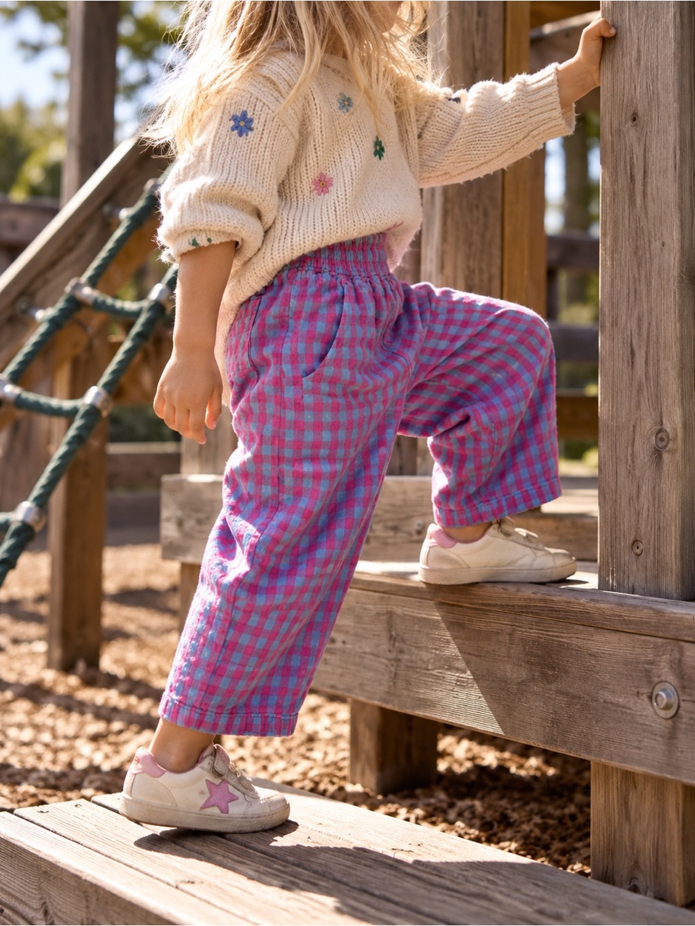 Kids Checked Elastic-Waist Pink and Blue Joggers